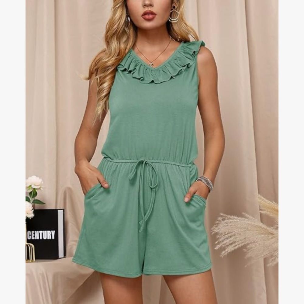 NWOT For G and PL | Summer Casual‎ Sleeveless Tank Romper Ruffle Beach Green M